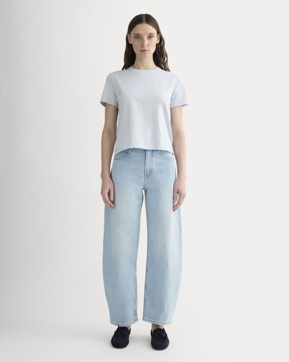 The Box-Cut Tee in Essential Cotton in Air Blue — detail view
