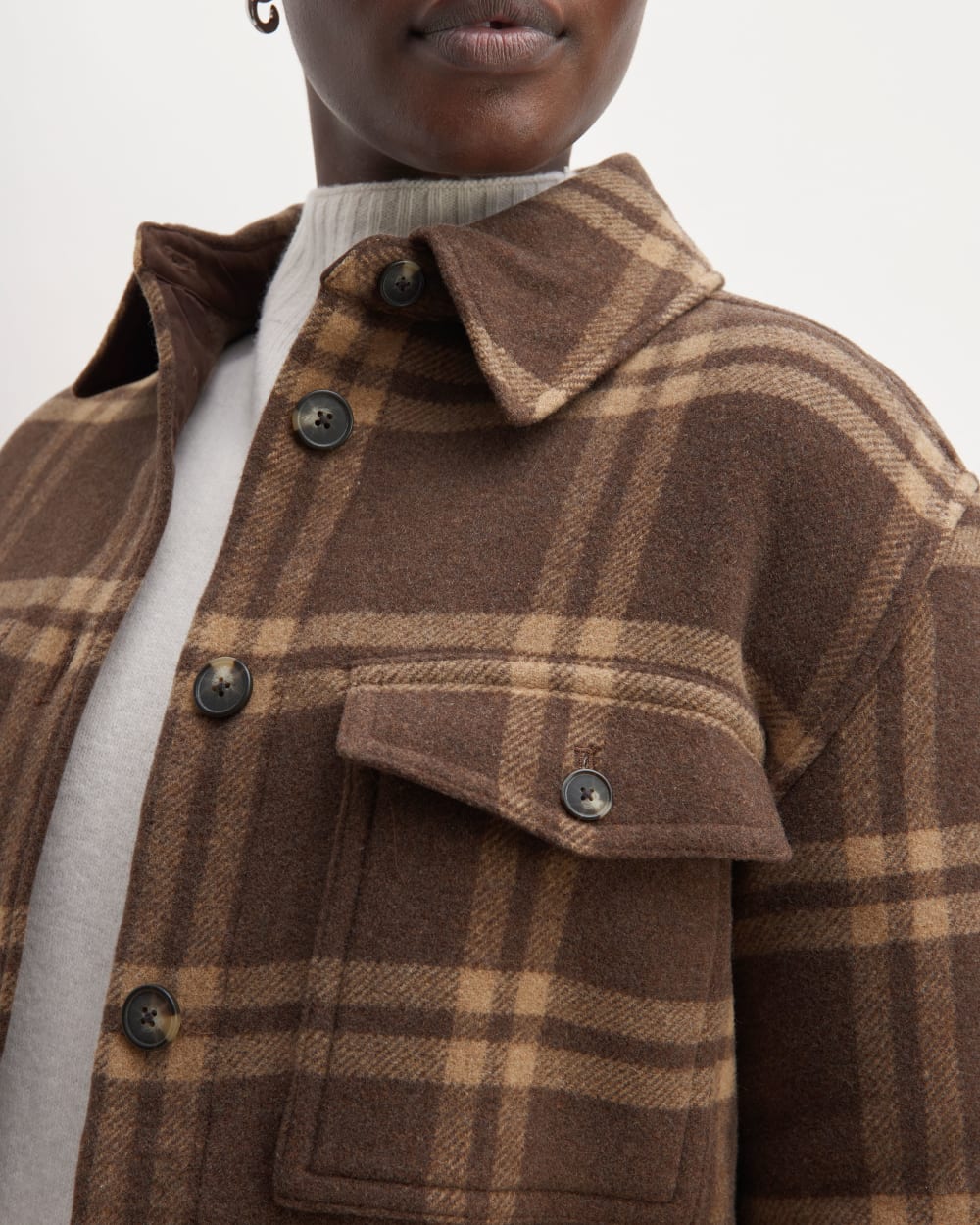The Italian ReWool® Oversized Shirt Jacket in Brown / Camel — detail view