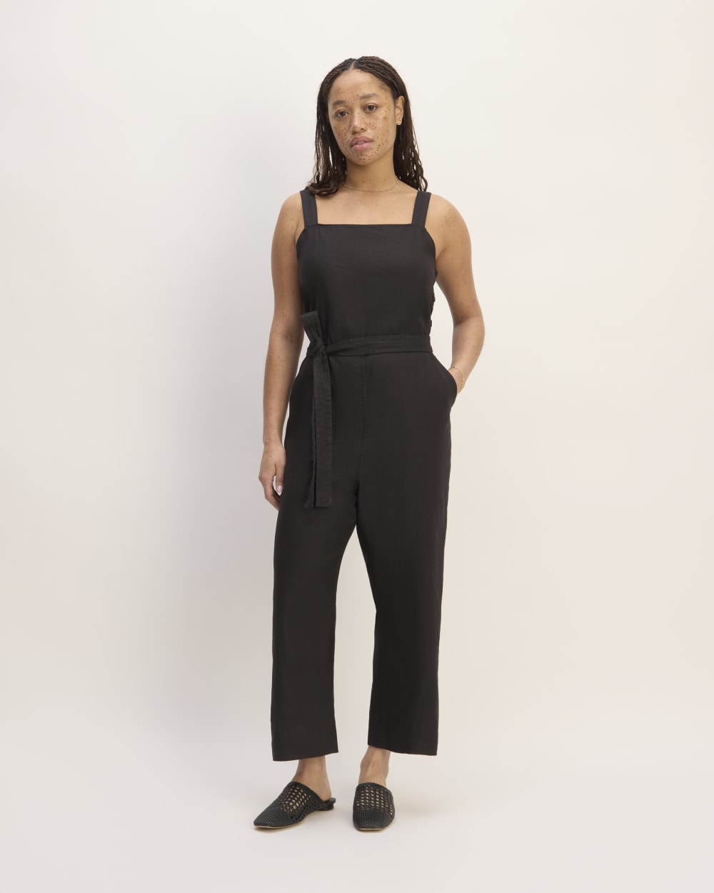 The Linen Side-Button Jumpsuit in Black — front view