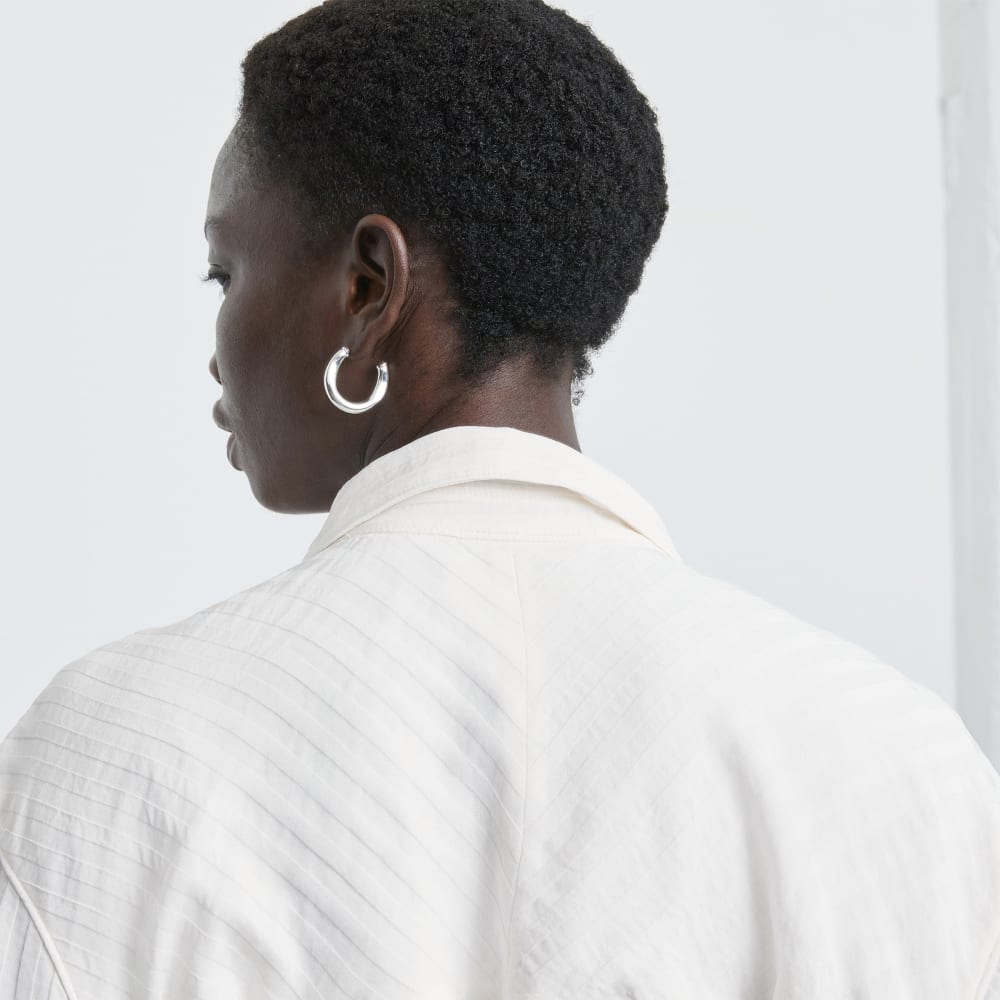 The City Stripe Draped Shirt Dress in Bone — detail view