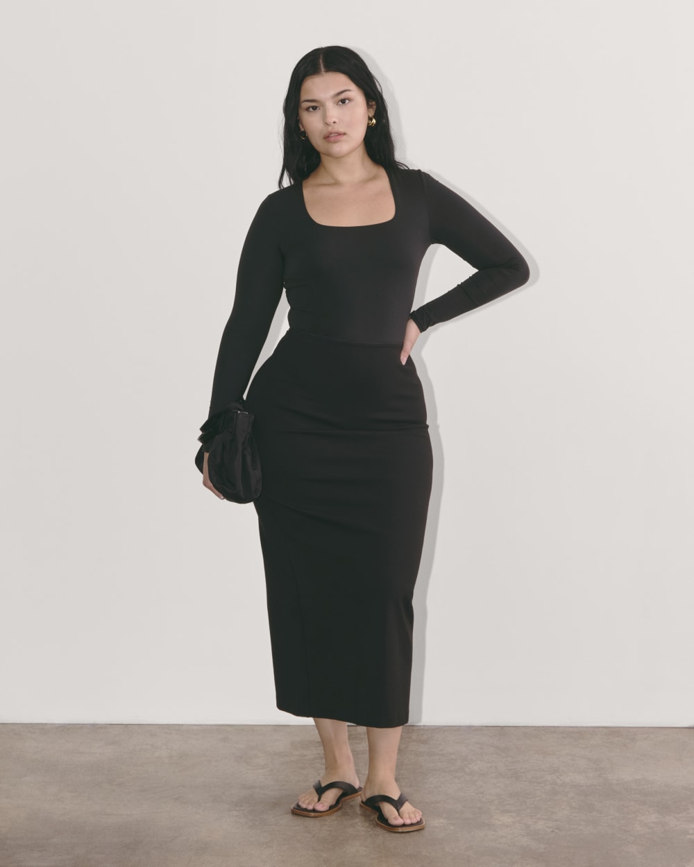 The Long-Sleeve Supima® Square-Neck Bodysuit in Black — front view