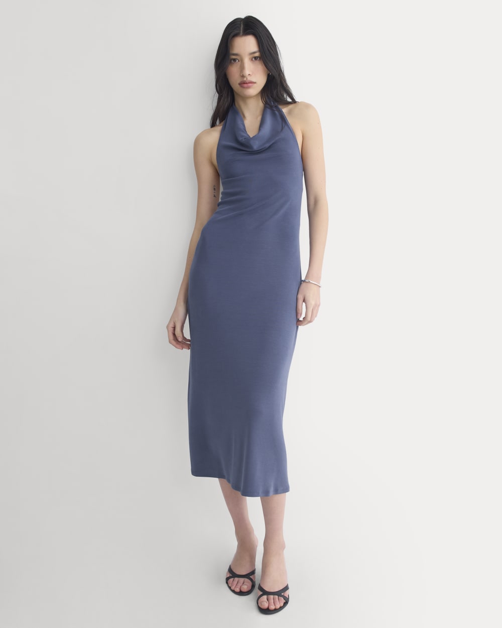 Cowlneck Halter Dress in Butterknit in Washed Navy — front view