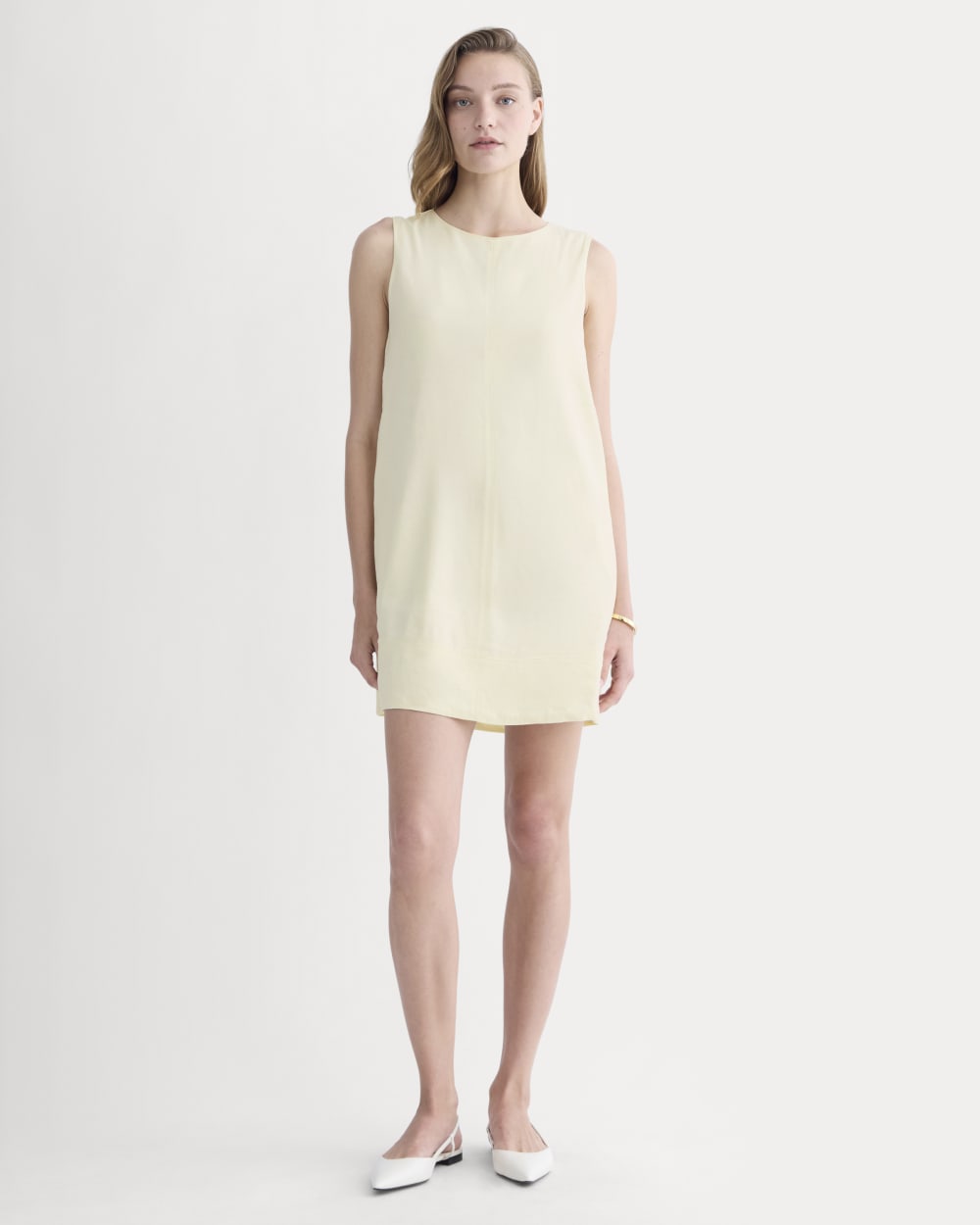 The Shift Dress in Stretch Linen in Light Yellow — front view