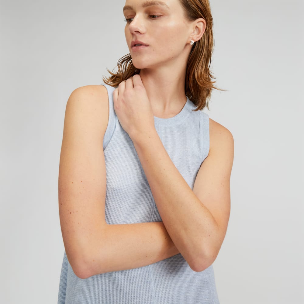 The  Organic Cotton Waffle Tank Dress in Heathered Periwinkle — detail view