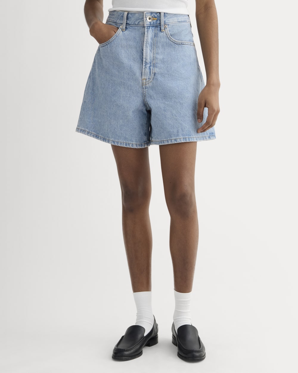 The A-Line Denim Short in Light Indigo — detail view