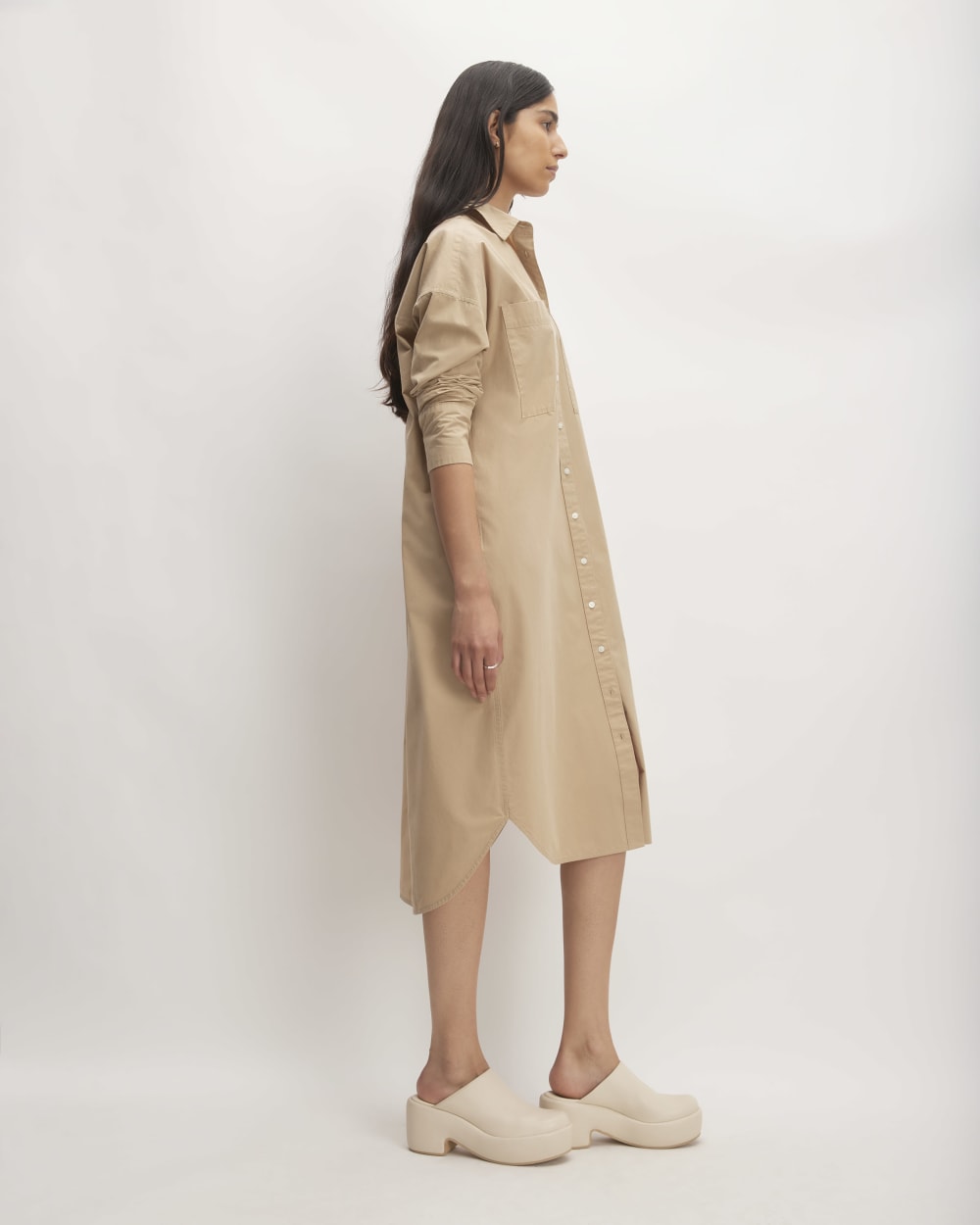 The Midi Cotton Shirt Dress in Cornstalk — detail view