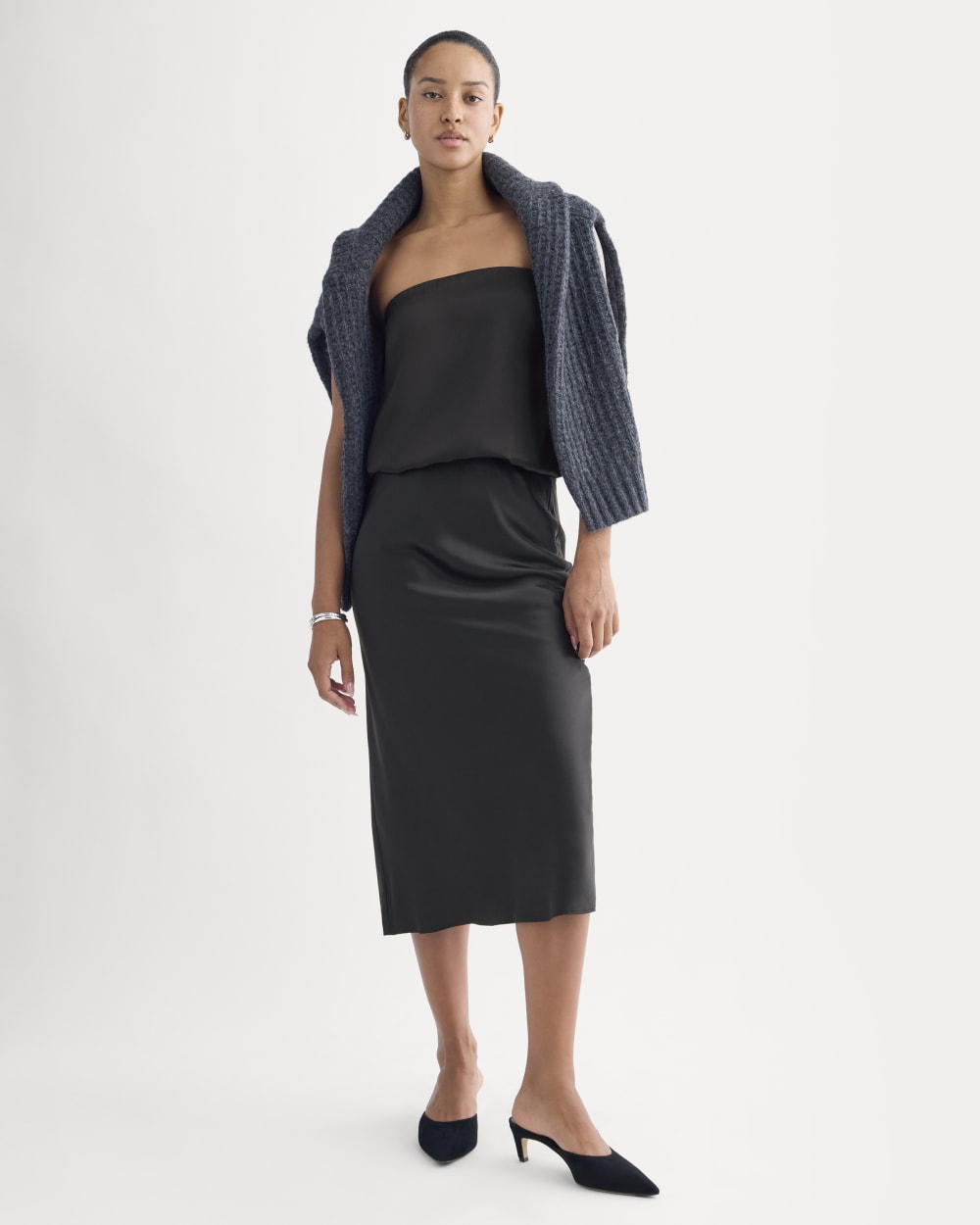Thin Strap Cami in Silk Charmeuse in Black — detail view