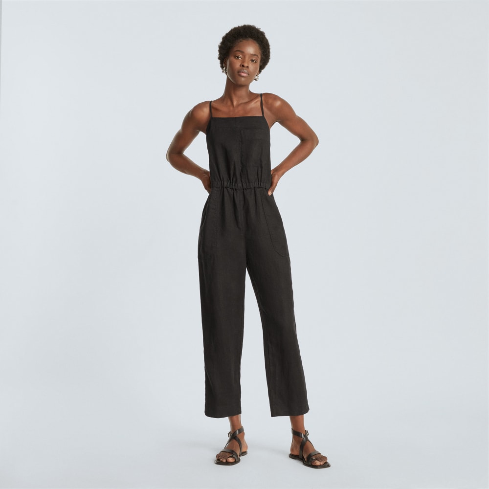 The Linen Shoestring Jumpsuit in Black — alternate view