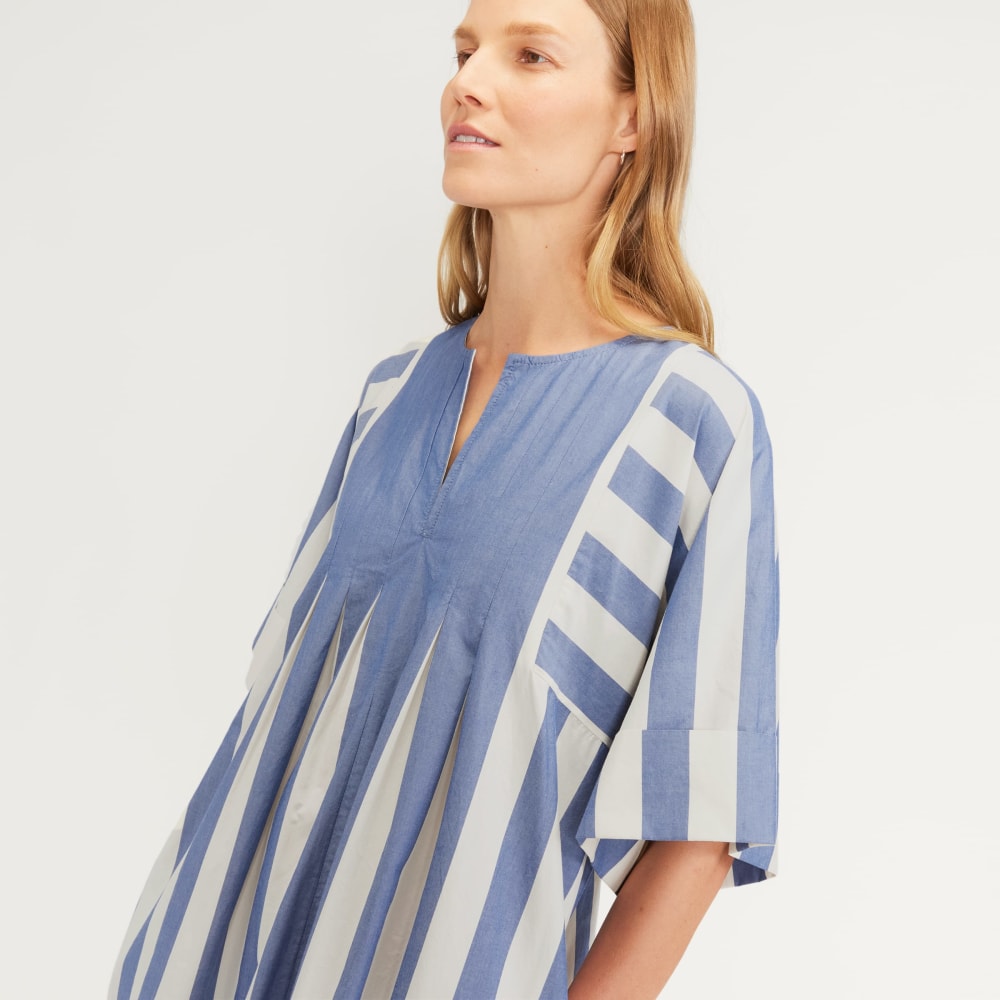 The Poplin Caftan Dress in Mazarine Blue / Bone — detail view