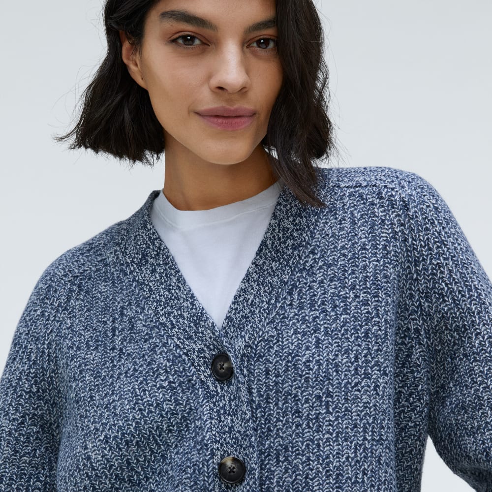 The Felted Merino Cardigan in Dark Mallard / Oat Twist — detail view