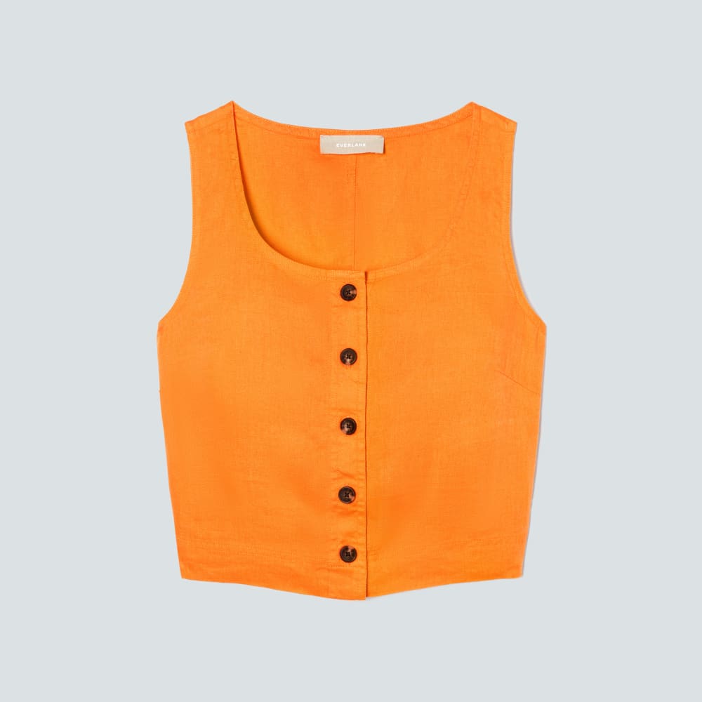The Linen Button-Front Crop Tank in Turmeric — front view