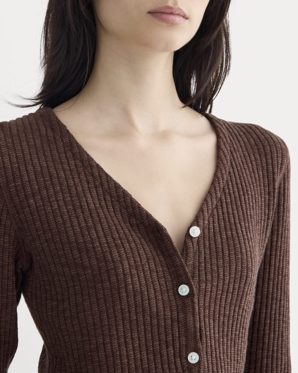 The Cozy Rib Cardigan in Dark Mahogany — detail view