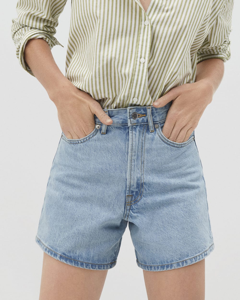 The A-Line Denim Short in Powder Blue — detail view