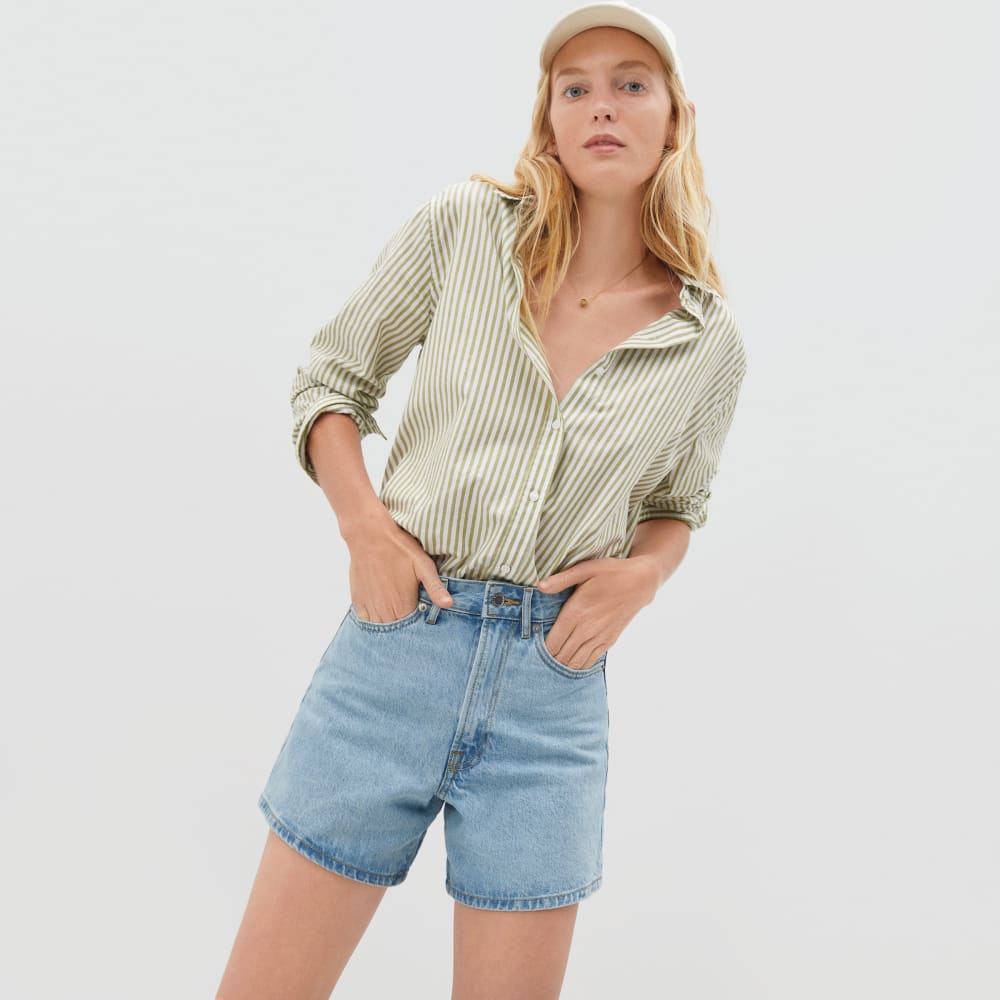 The A-Line Denim Short in Powder Blue — front view