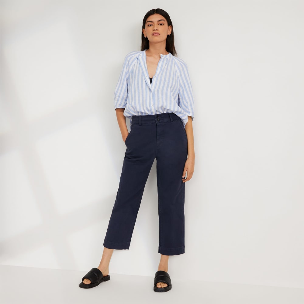 The Linen Puff Sleeve Shirt in Blue / White — detail view