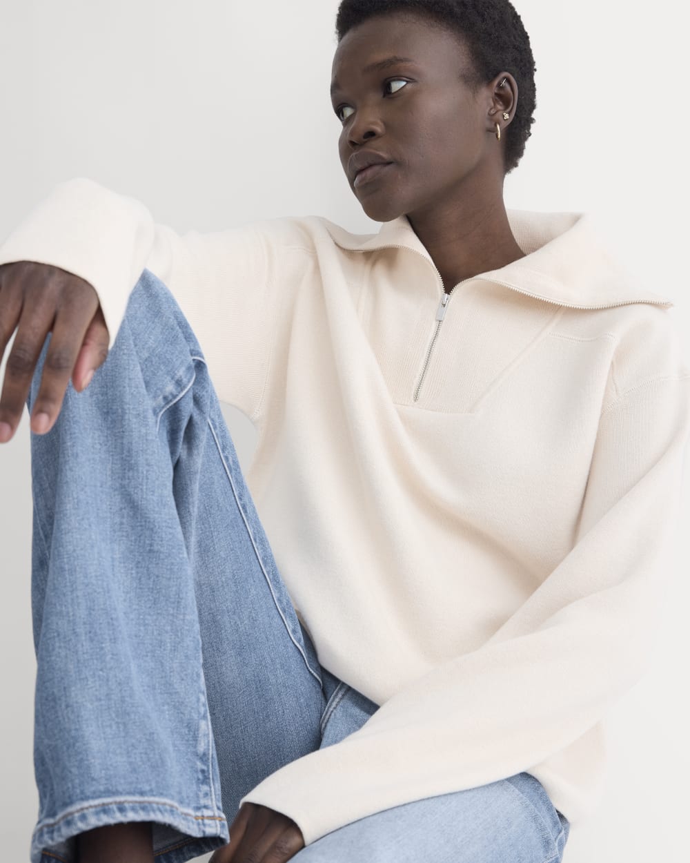 Double Knit Half-Zip in Cotton Merino in Bone/Cream/Sand/Light Camel — front view