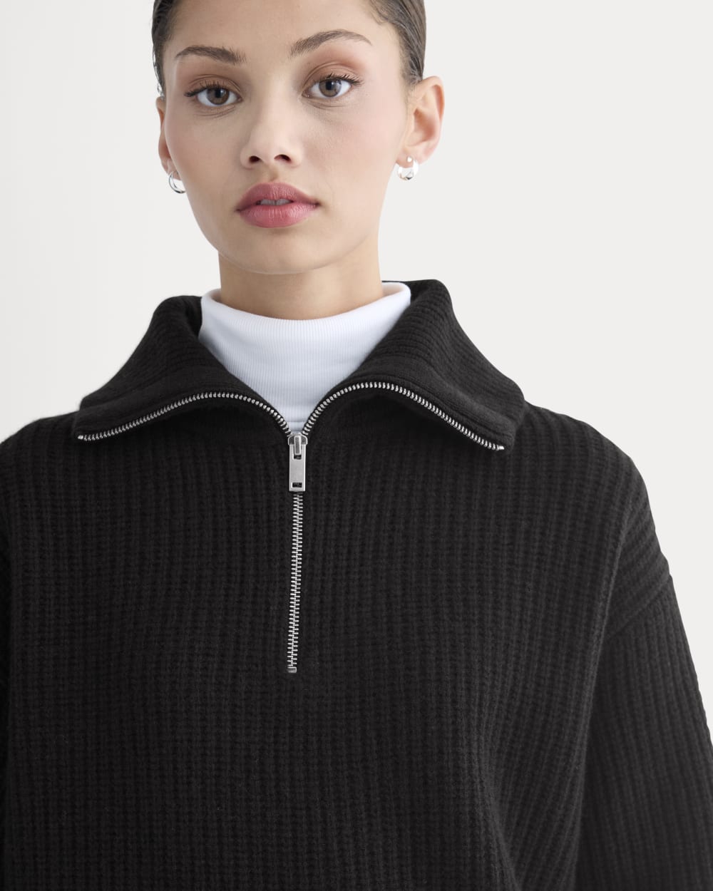 The Half-Zip Sweater in Luxe Merino in Black — detail view