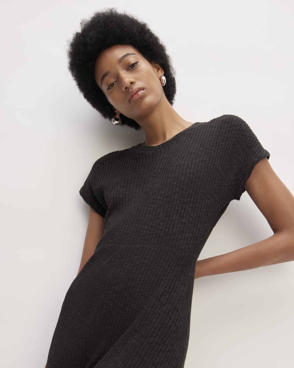 The Rib-Knit Cap-Sleeve Midi Dress in Black — detail view