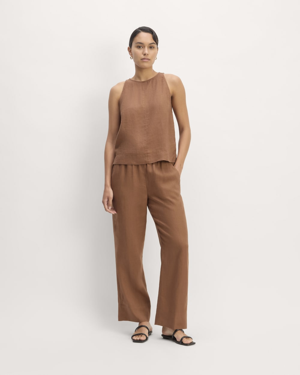 The Linen Easy Pant in Carob Brown — front view