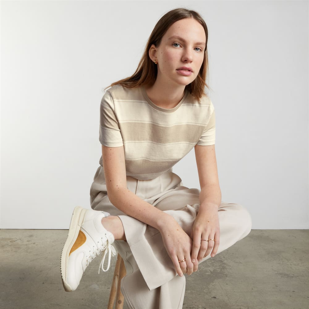 The Box-Cut Tee in Essential Cotton in Pale Khaki / Canvas Tan — detail view