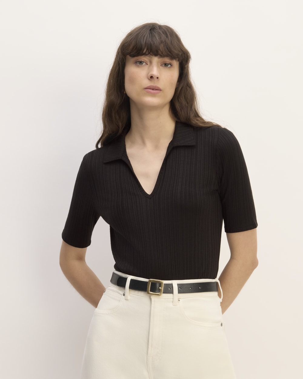 The Rib Soft Knit Open Collar Polo in Black — front view