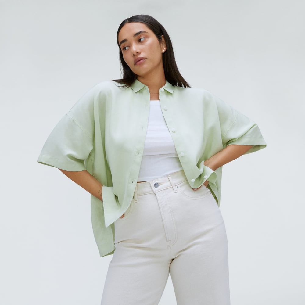 The Drapey Square Shirt in Seafoam Green — detail view