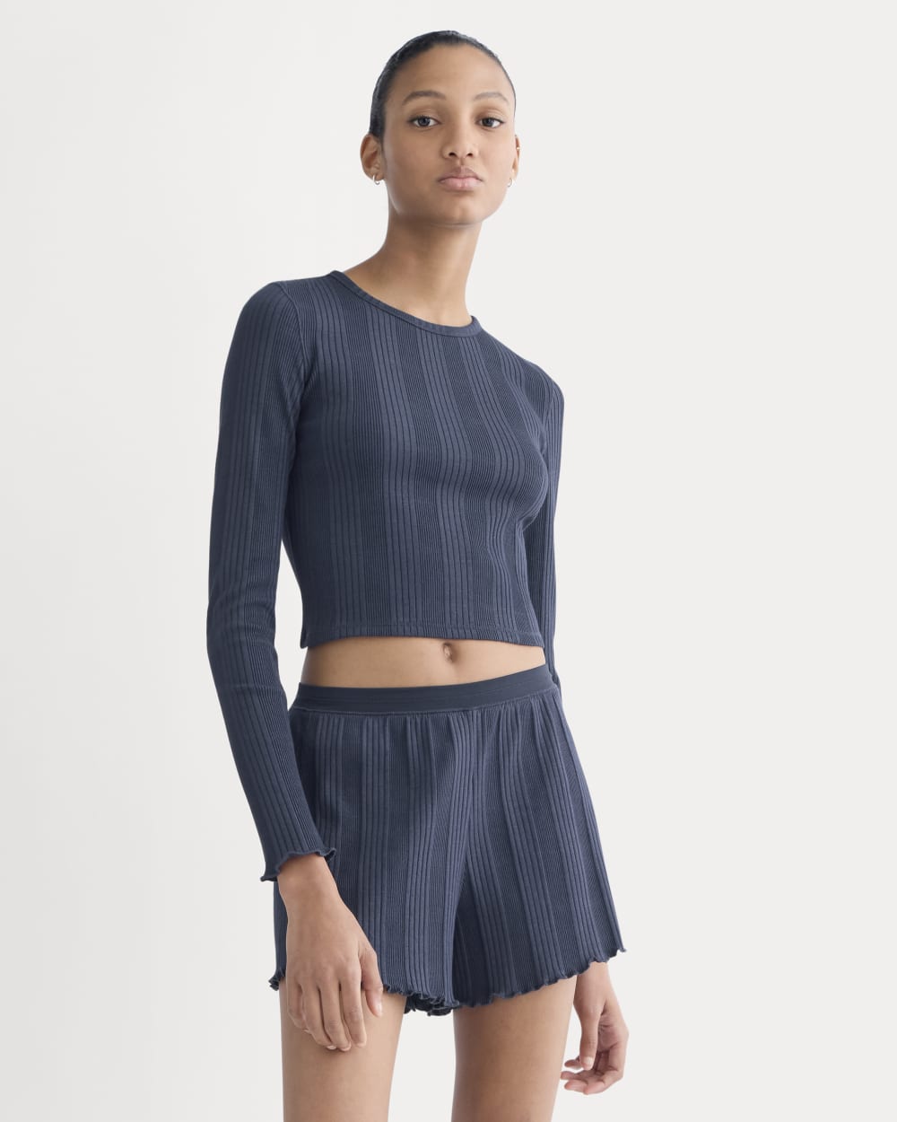 Lounge Rib Cropped Shirt in Navy — front view
