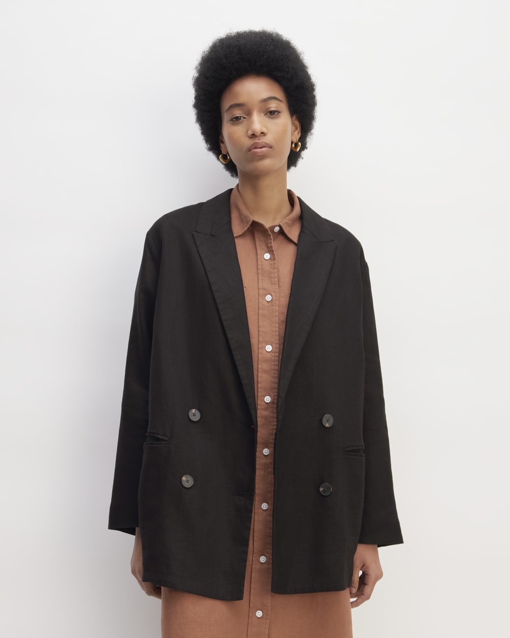 The Linen Double Breasted Blazer in Black — front view