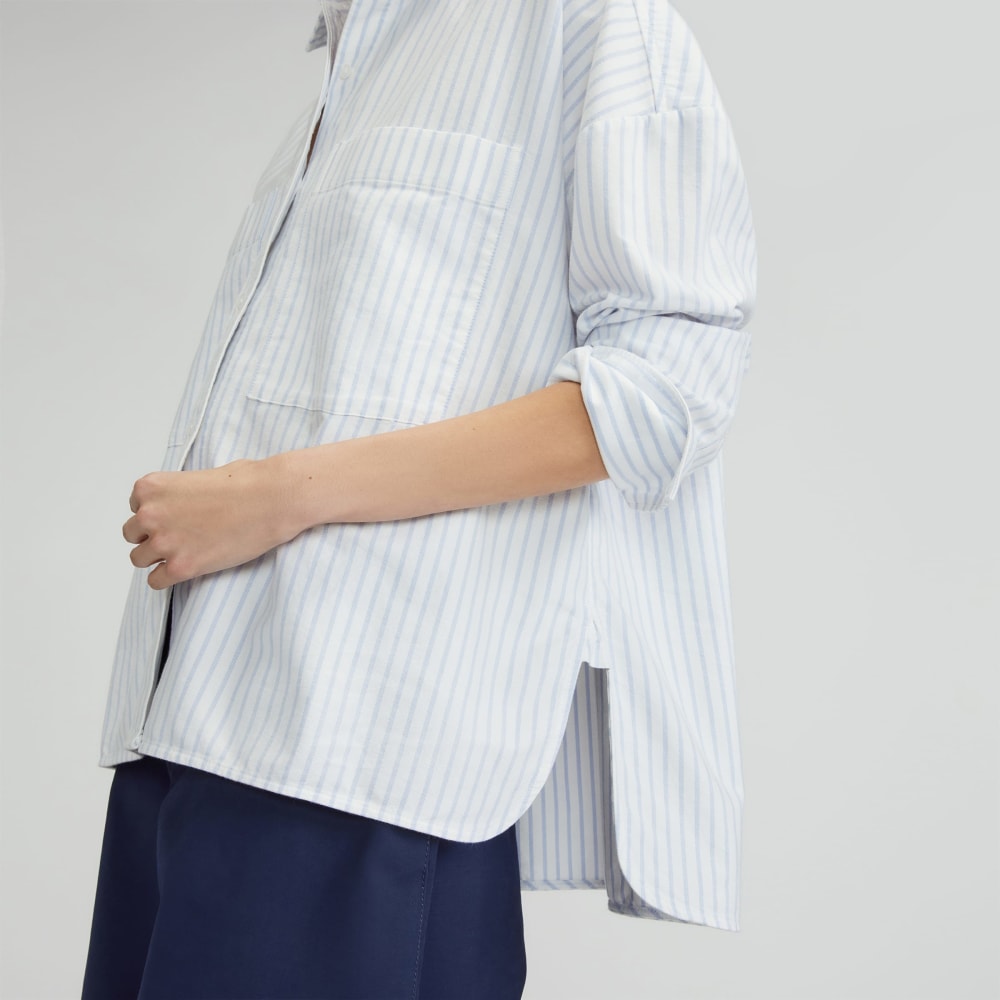 The Boxy Oxford in White / Periwinkle Mini Stripe — detail view