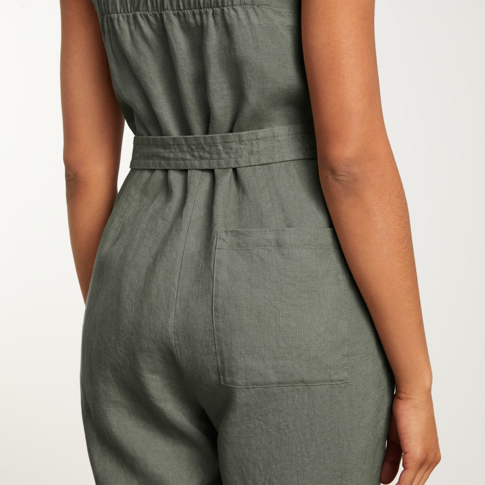 The Linen Jumpsuit in Pewter Green — detail view
