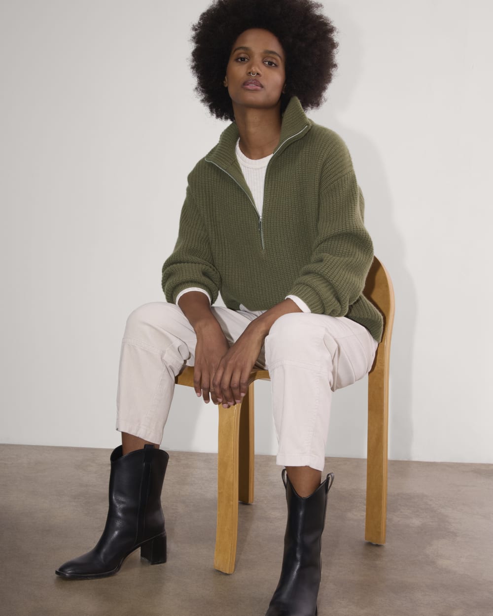 The Half-Zip Sweater in Luxe Merino in Kalamata — detail view