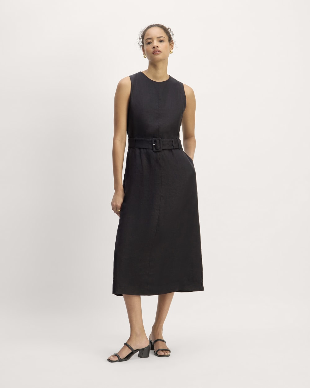 The Linen Belted Midi Dress in Black — front view