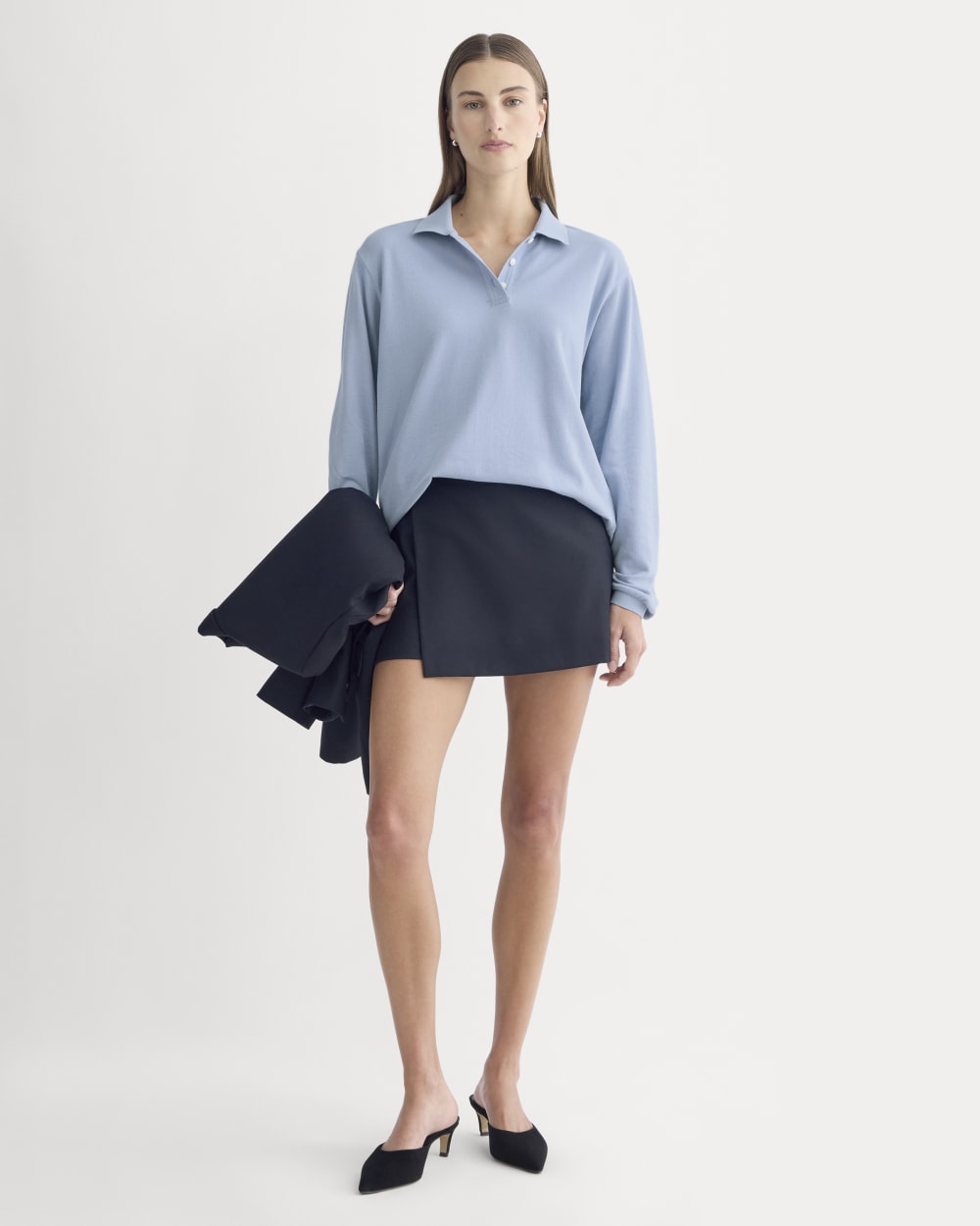 Oversized Pique Polo in Soft Blue — detail view