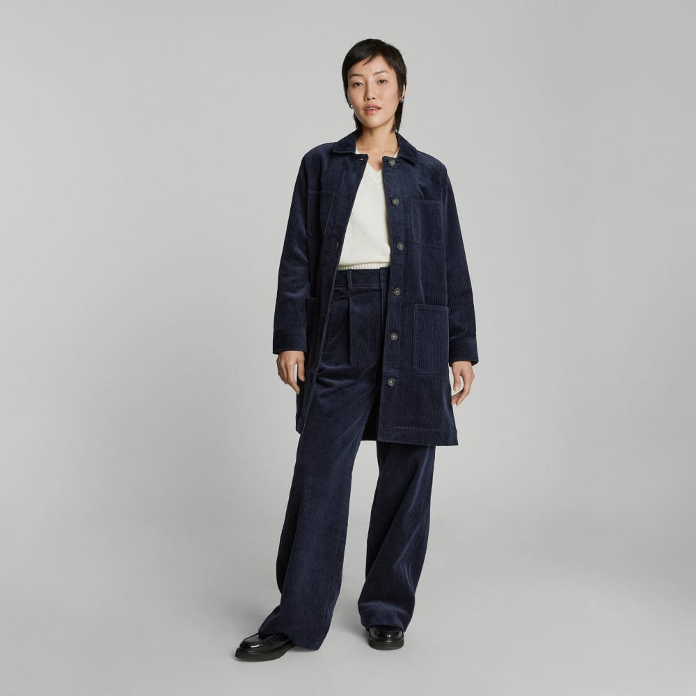 The Corduroy Long Shirt Jacket in Deep Navy — detail view