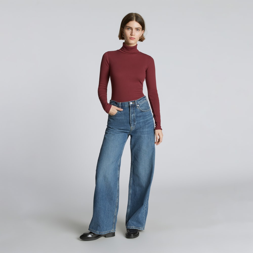 The Luxe Micro-Rib Turtleneck in Brandy — detail view