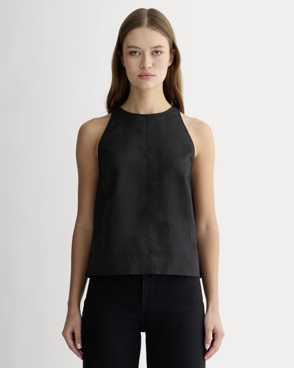 The Linen High-Neck Tank in Black — front view