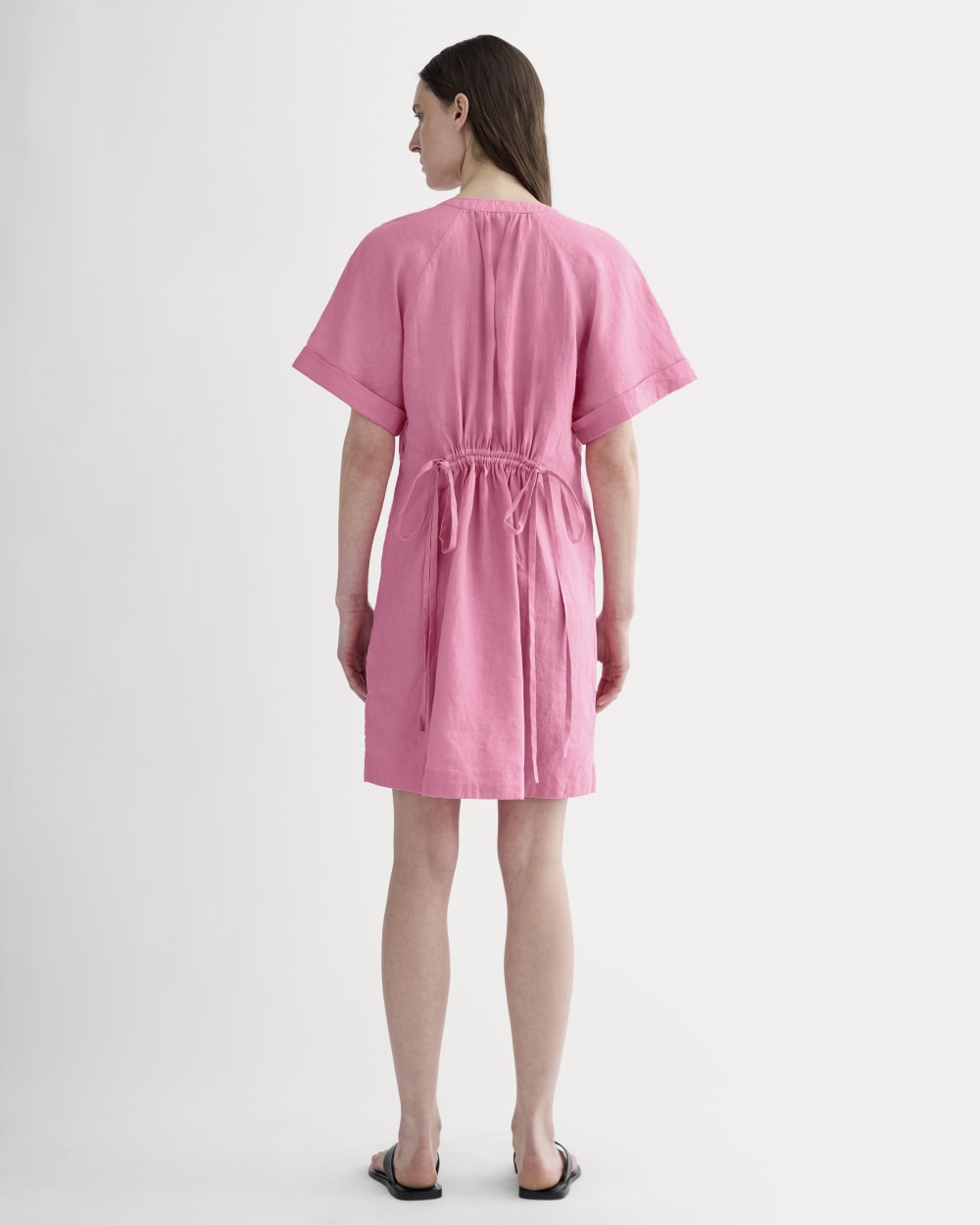 The Popover Dress in Linen in Deep Pink — detail view