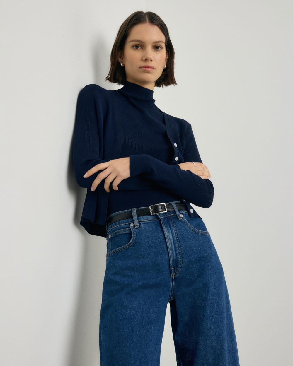 The Viscose Knit Cardigan in Navy — detail view