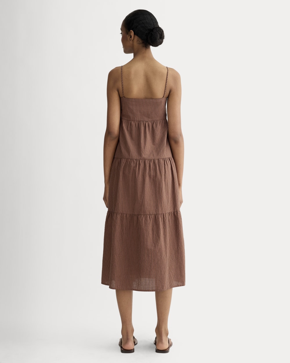 The Gauze Tiered Dress in Carob Brown / Black — detail view