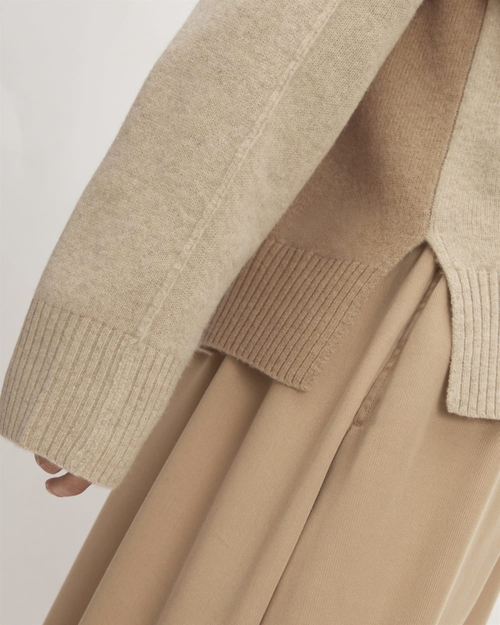 The Good Merino Wool Crewneck Sweater in Light Camel / Dark Oat — detail view