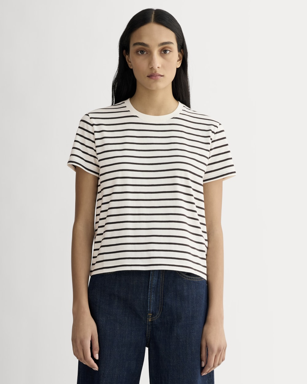 The Box-Cut Tee in Essential Cotton in Bone / Black — front view