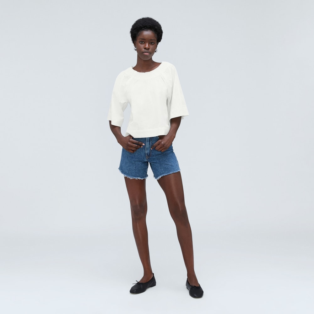 The Seersucker Gathered Tee in White — detail view