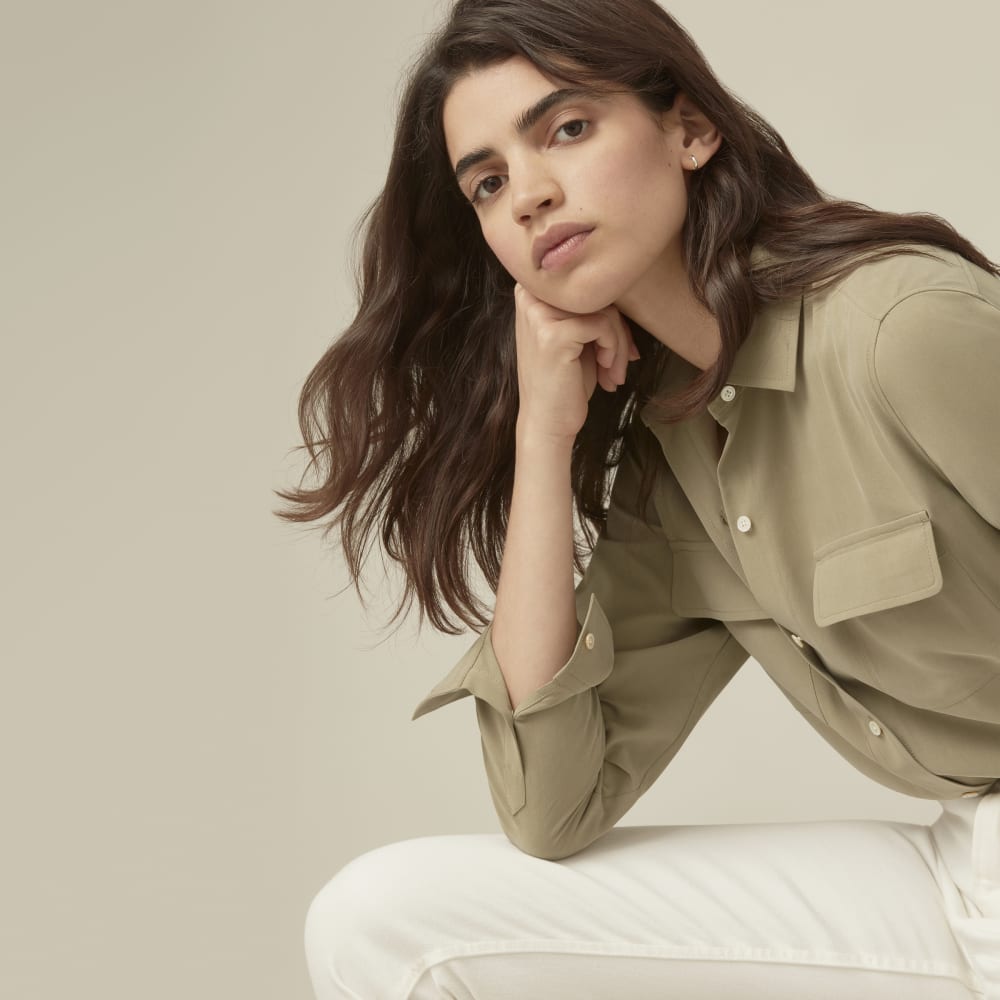 The Washable Silk Relaxed Shirt in Covert Green — front view
