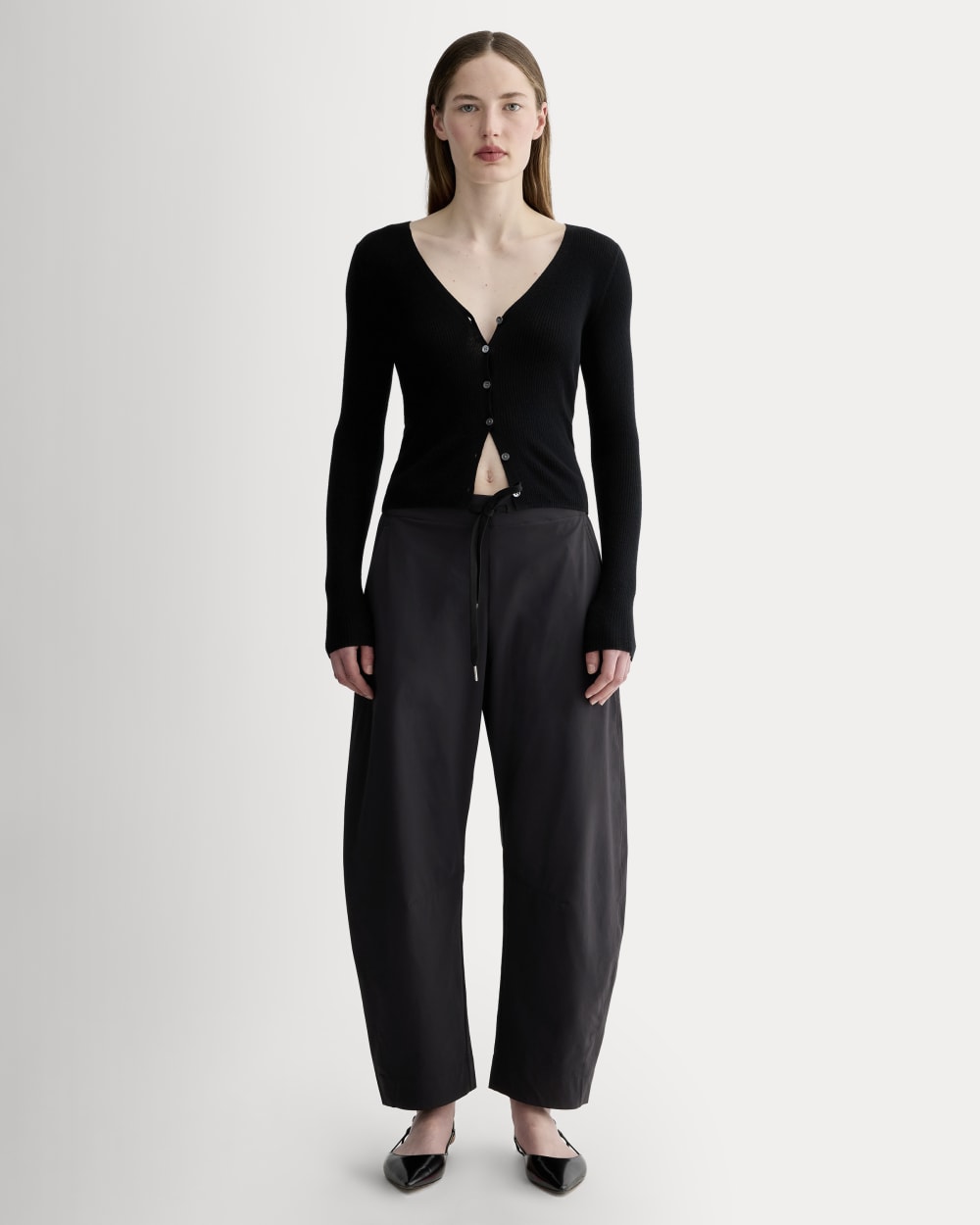 The Anywhere Barrel Pant in Black — front view
