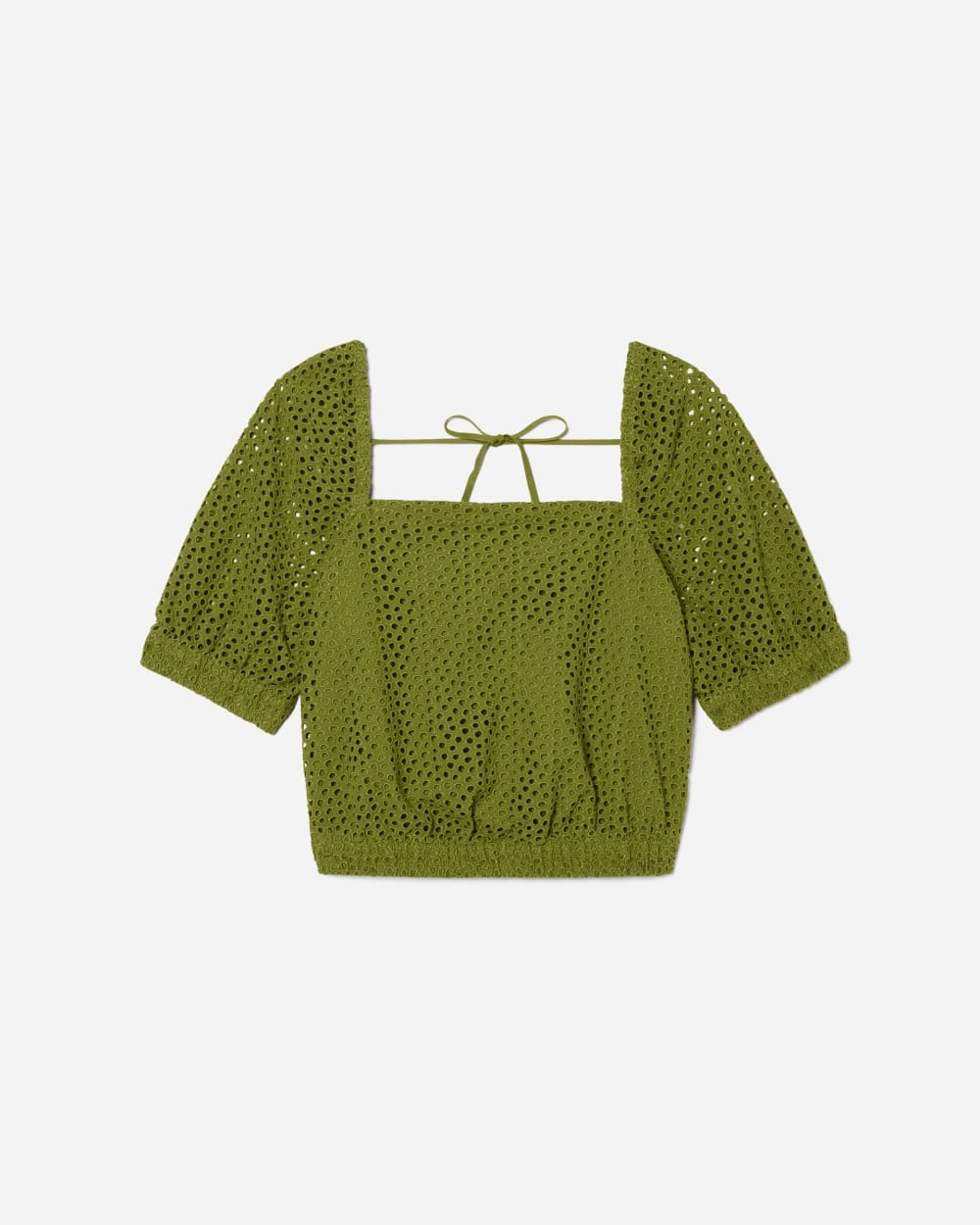The Eyelet Puff Sleeve Top in Moss — detail view