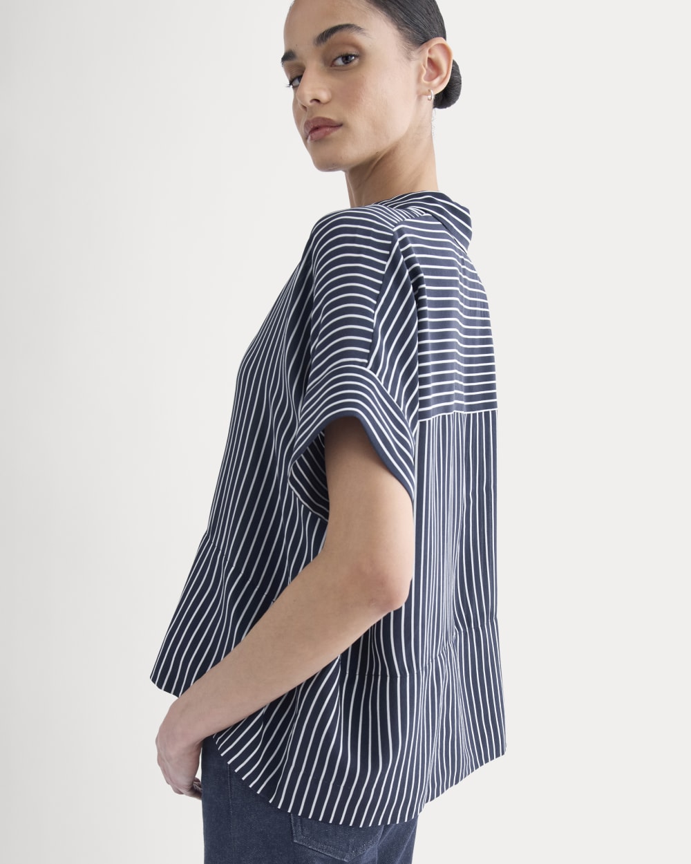 The Boxy Shirt in Washable Silk in True Navy / Bone Stripe — detail view