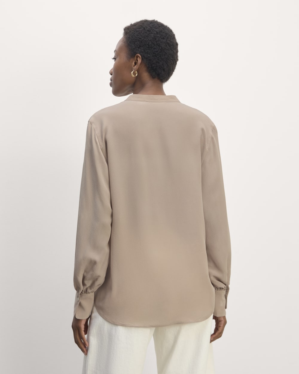 The Henley Shirt in Washable Silk in Burnt Sugar — detail view