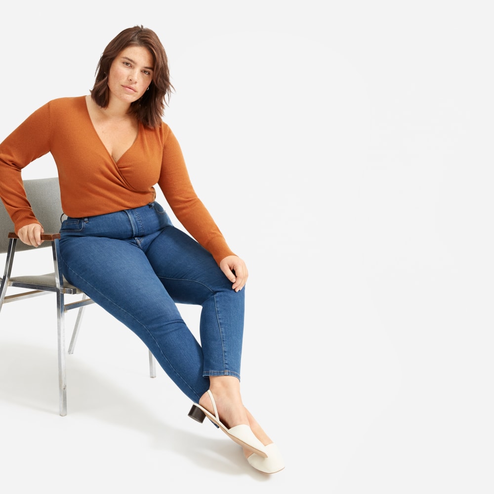 The Authentic Stretch High-Rise Skinny in Mid Blue — detail view