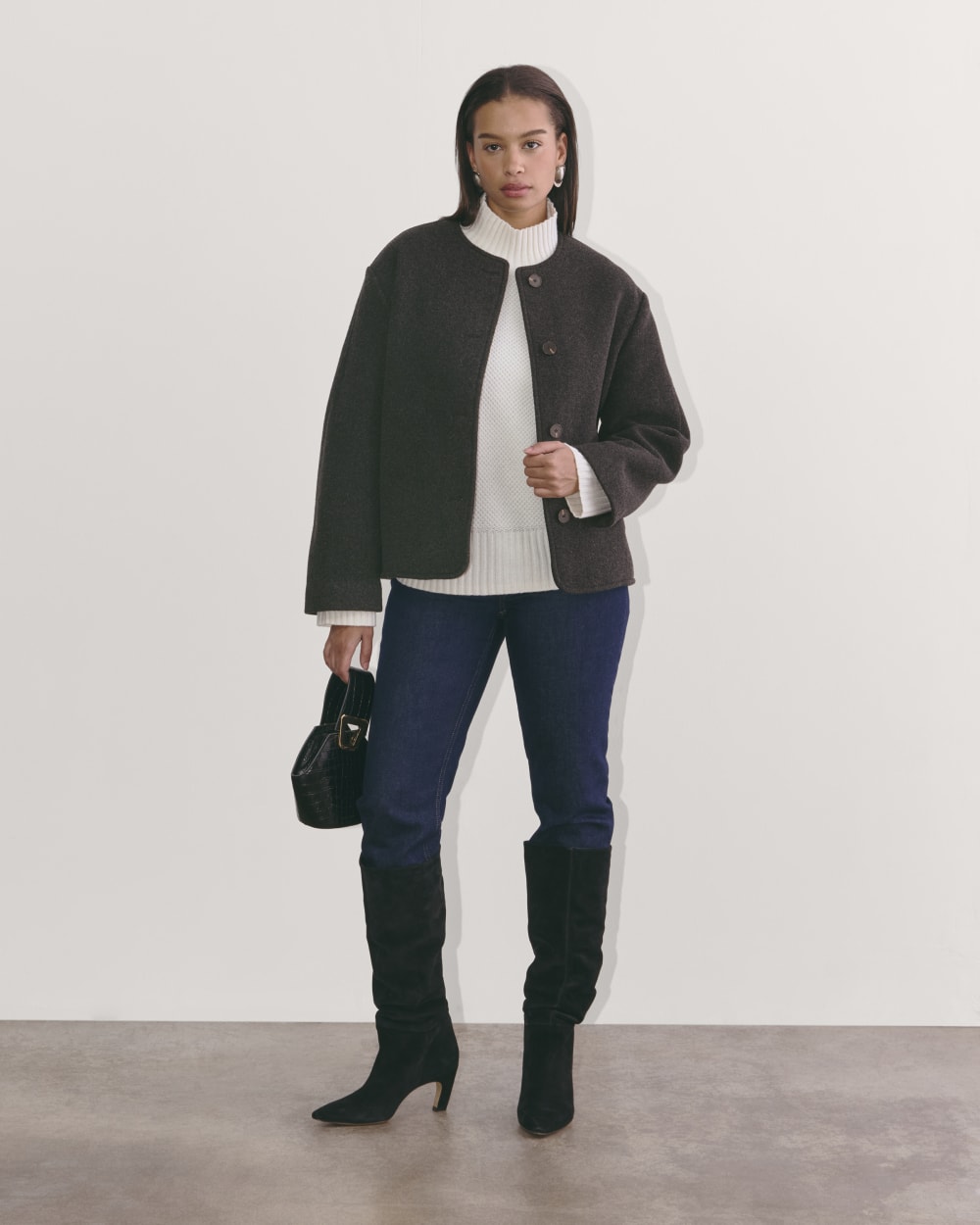 The Cocoon Coat in Wool in Heather Charcoal — detail view