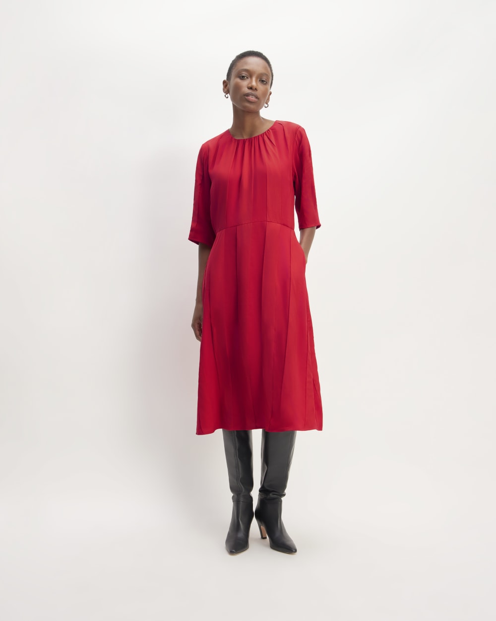 The City Stripe Ruched Dress in Haute Red — front view